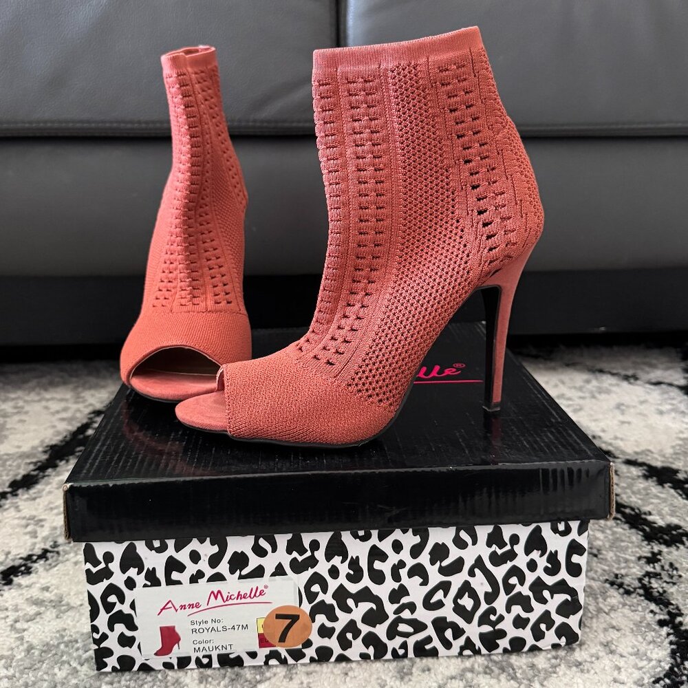 Anne Michelle Peep Toe Sock Booties - Mauve Knit